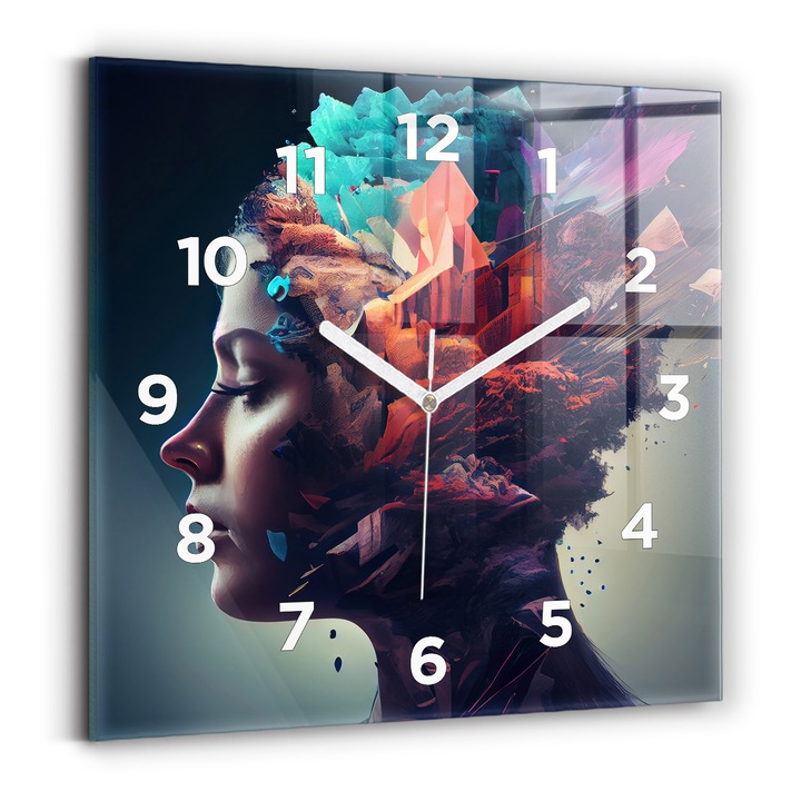 Falióra, Wallfluent, üveg, Fehér kezek, számok, az absztrakciós nő, kék, négyzetek 30x30 cm, 010010500010100273253