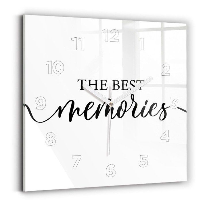 Falióra, Wallfluent, üveg, Fehér mutatók, számok, Emlékek felirata, Többszínű, Négyzetek 30x30 cm, 010010500010100273074