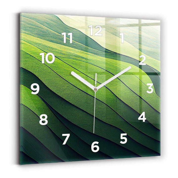 Falióra, Wallfluent, üveg, fehér mutatók, számok, zöldmezős absztrakció, zöld, négyzetek 30x30 cm, 010010500010100273192