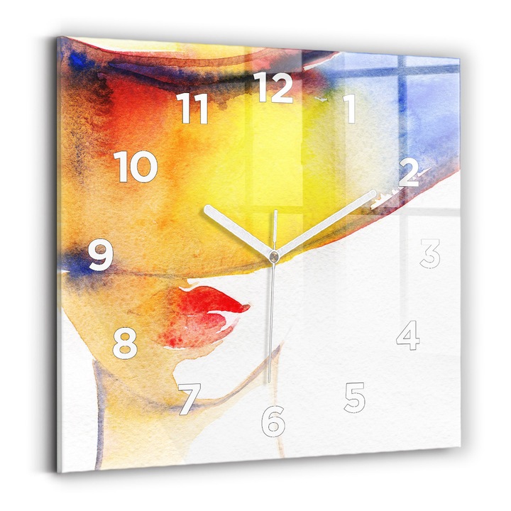 Falióra, Wallfluent, üveg, Fehér kezek, számok, Nő kalapban, Piros, Négyzetek 30x30 cm, 010010500010100273217