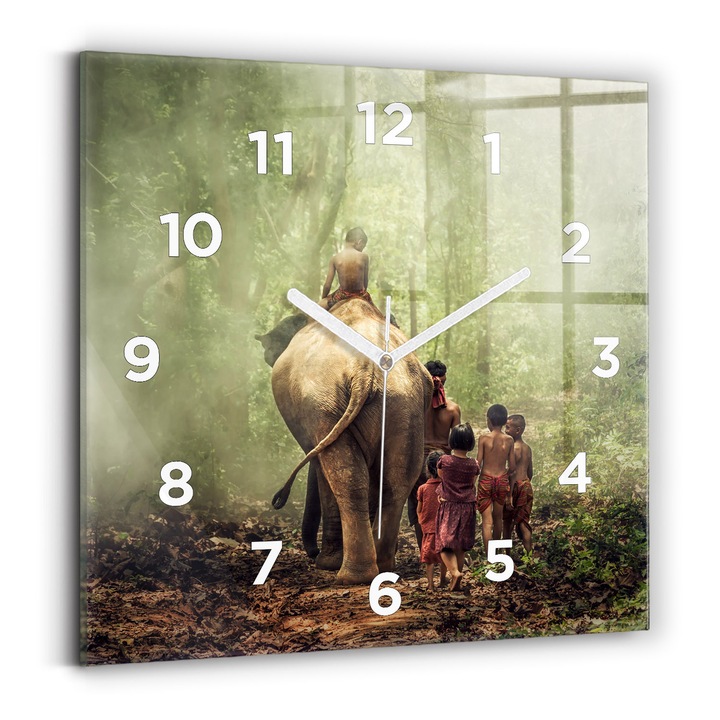 Falióra, Wallfluent, üveg, Fehér kezek, számok, Elefántokat vezető gyerekek, Barna, Négyzetek 30x30 cm, 010010500010100273008