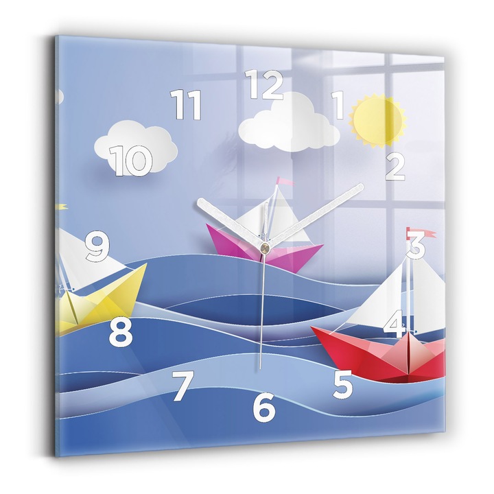Falióra, Wallfluent, üveg, Fehér mutatók, számok, Csónakok színes origami vitorlákkal, Kék, Négyzetek 30x30 cm, 010010500010100273033