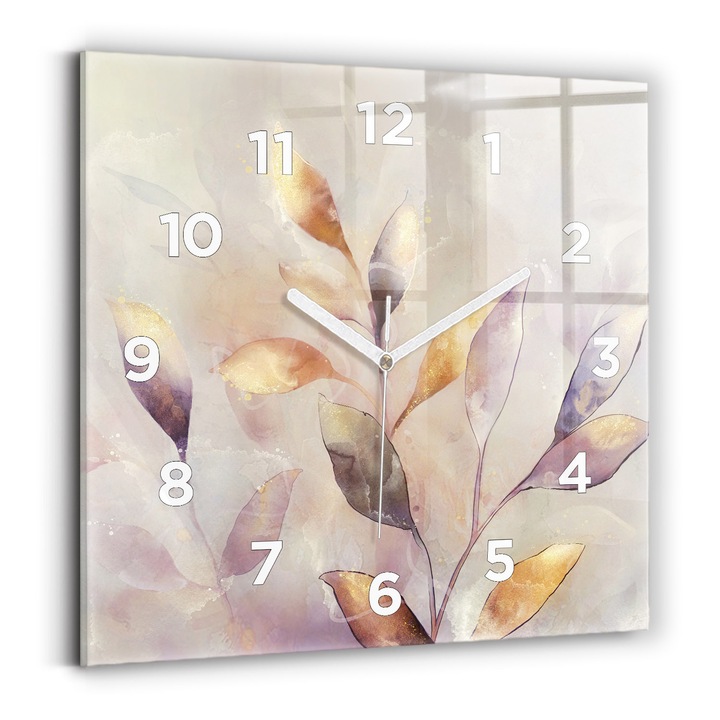 Falióra, Wallfluent, üveg, Fehér mutatók, számok, Boho levél absztrakt, Szürke, Négyzetek 30x30 cm, 010010500010100273013