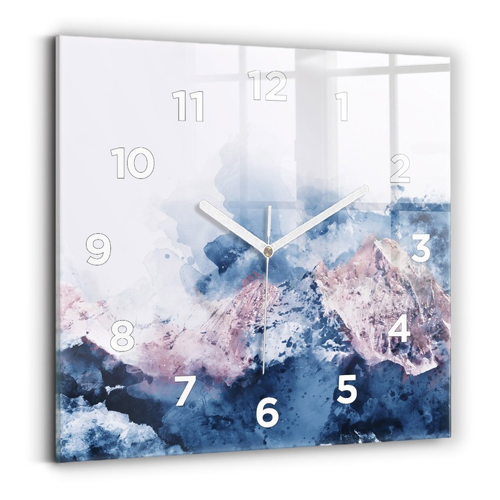 Falióra, Wallfluent, üveg, Fehér mutatók, számok, Absztrakt hegyláncok, Kék, Négyzetek 30x30 cm, 010010500010100273234