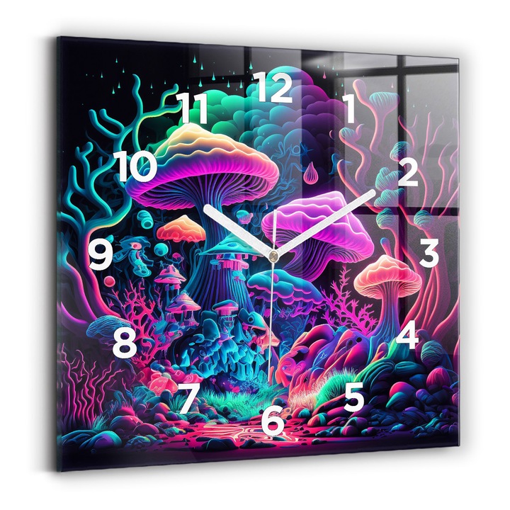 Falióra, Wallfluent, üveg, Fehér mutatók, számok, Neon gomba, Többszínű, Négyzetek 30x30 cm, 010010500010100273261