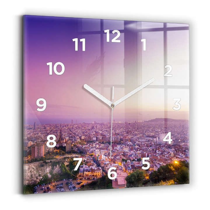 Falióra, Wallfluent, üveg, Fehér mutatók, számok, Barcelona Bunkers El Carmel, Lila, Négyzetek 30x30 cm, 010010500010100272903