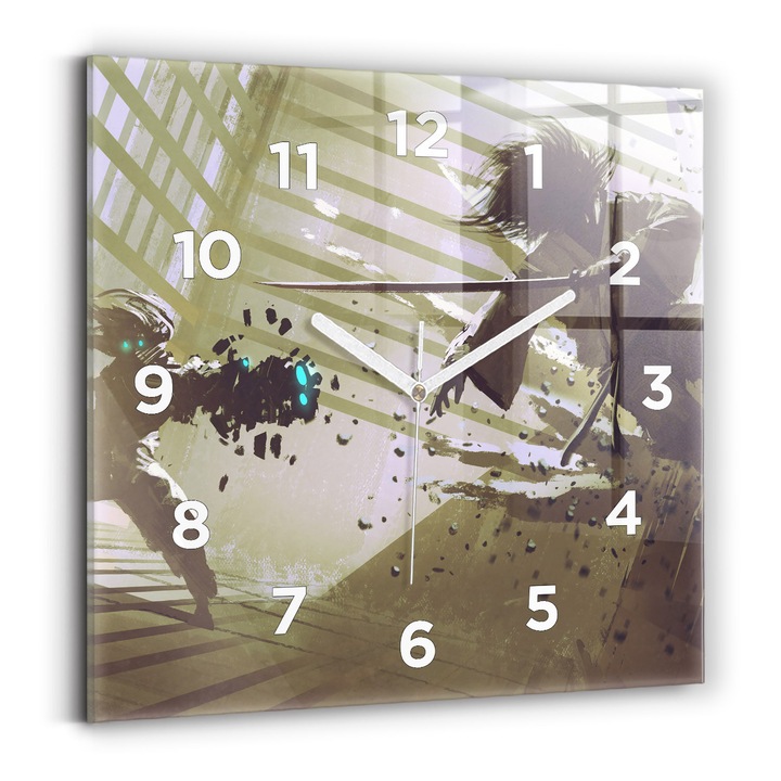 Falióra, Wallfluent, üveg, Fehér mutatók, számok, Robot és szamuráj harcol, Kék, Négyzetek 30x30 cm, 010010500010100273070