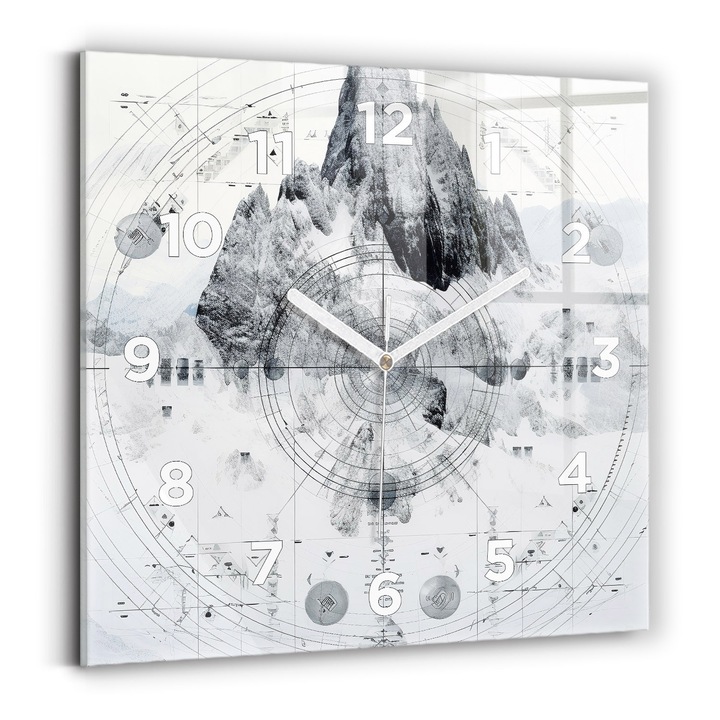 Falióra, Wallfluent, üveg, Fehér mutatók, számok, Hegyeket rajzol, Fehér, Négyzetek 30x30 cm, 010010500010100273395
