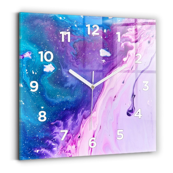 Falióra, Wallfluent, üveg, Fehér mutatók, számok, Színes háttér, Lila, Négyzetek 30x30 cm, 010010500010100273049