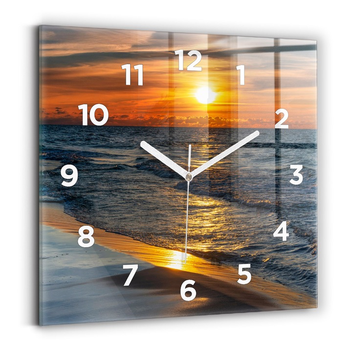 Ceas de perete, Wallfluent, de sticla, Mainile albe, cifrele, Władysławowo Marea Baltica, Portocaliu, Patrate 30x30 cm, 010010500010100273083