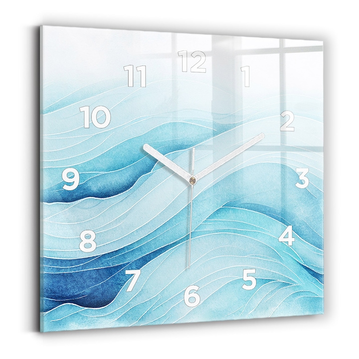 Falióra, Wallfluent, üveg, fehér mutatók, számok, kék felhők, kék, négyzetek 30x30 cm, 010010500010100273358