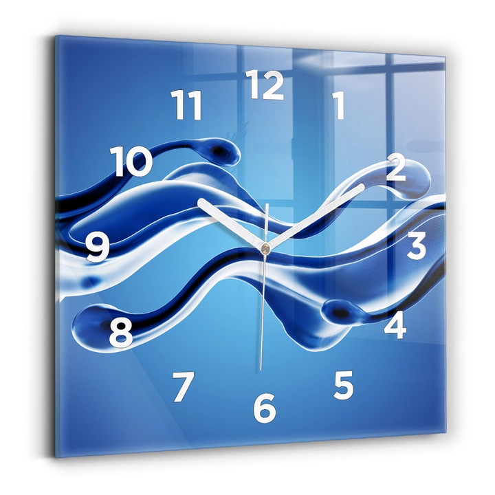 Falióra, Wallfluent, üveg, Fehér mutatók, számok, Folyadék absztrakció, Kék, Négyzetek 30x30 cm, 010010500010100272038
