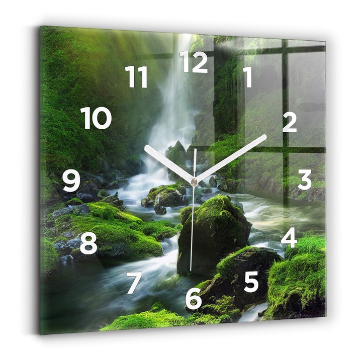 Falióra, Wallfluent, üveg, Fehér mutatók, számok, Vízesés és sziklák, Zöld, Négyzetek 30x30 cm, 010010500010100273205
