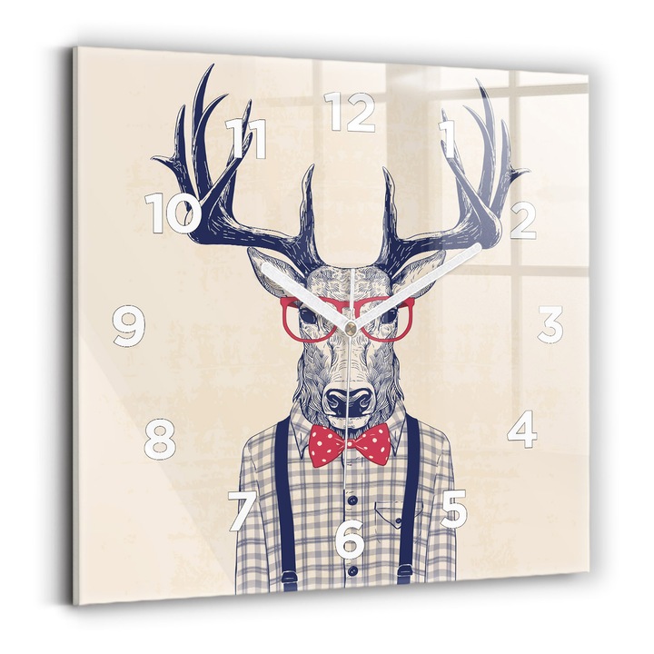 Falióra, Wallfluent, üveg, Fehér mutatók, számok, Jeleń ingben, Piros, Négyzetek 30x30 cm, 010010500010100272024