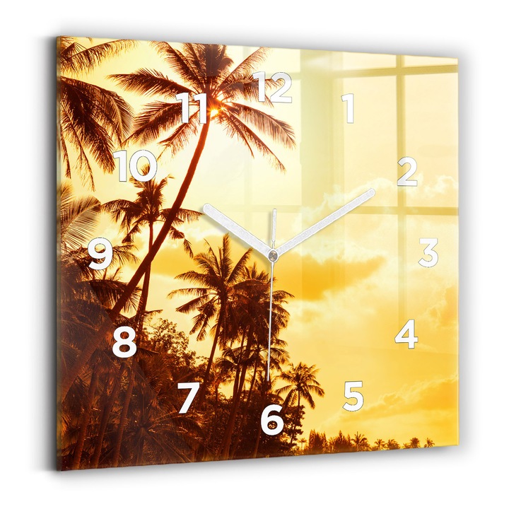 Falióra, Wallfluent, üveg, Fehér mutatók, számok, Napos pálmafák, Barna, Négyzetek 30x30 cm, 010010500010100273505