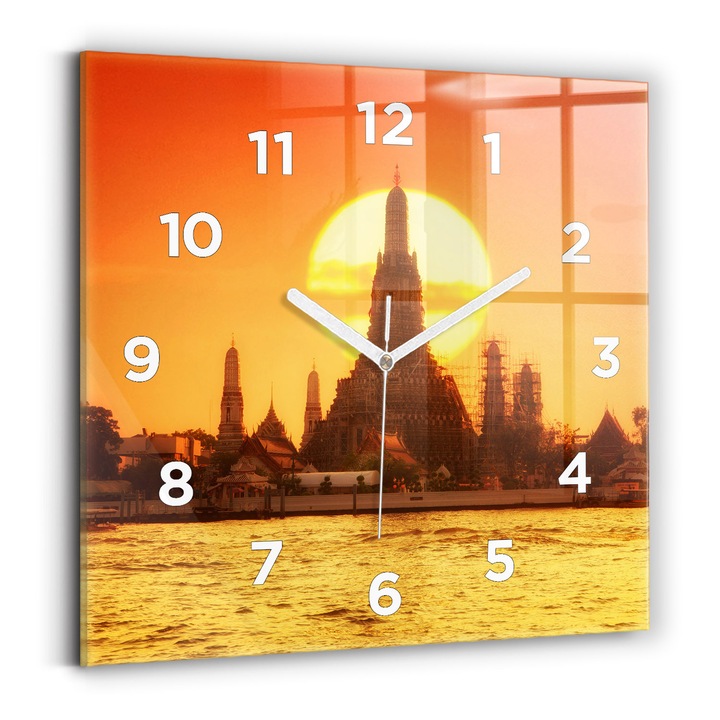 Falióra, Wallfluent, üveg, Fehér mutatók, számok, Wat Arun Bangkok Thaiföld, Narancs, Négyzetek 30x30 cm, 010010500010100272632