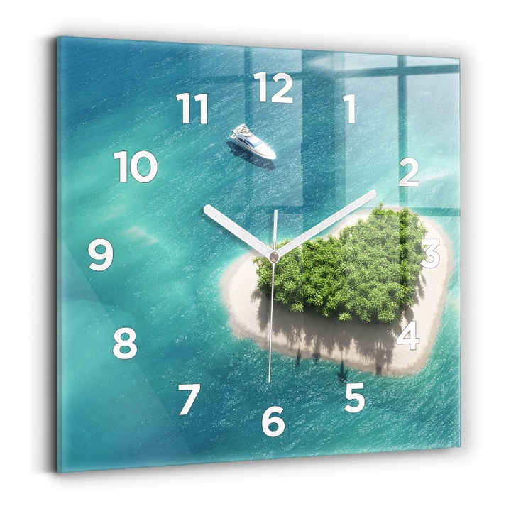 Falióra, Wallfluent, üveg, Fehér mutatók, számok, A szív szigete, Kék, Négyzetek 30x30 cm, 010010500010100273109