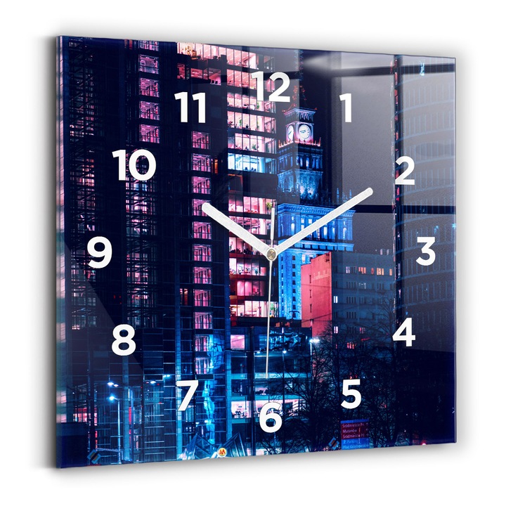 Falióra, Wallfluent, üveg, Fehér mutatók, számok, Varsó éjjel, Fekete, Négyzetek 30x30 cm, 010010500010100273634
