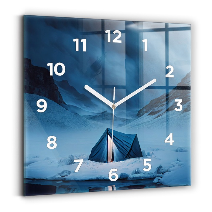 Falióra, Wallfluent, üveg, Fehér mutatók, számok, Sátor Izland hegyei között, Fehér, Négyzetek 30x30 cm, 010010500010100273311