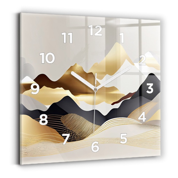 Falióra, Wallfluent, üveg, Fehér mutatók, számok, Arany hegyek absztrakciója, Többszínű, Négyzetek 30x30 cm, 010010500010100273292