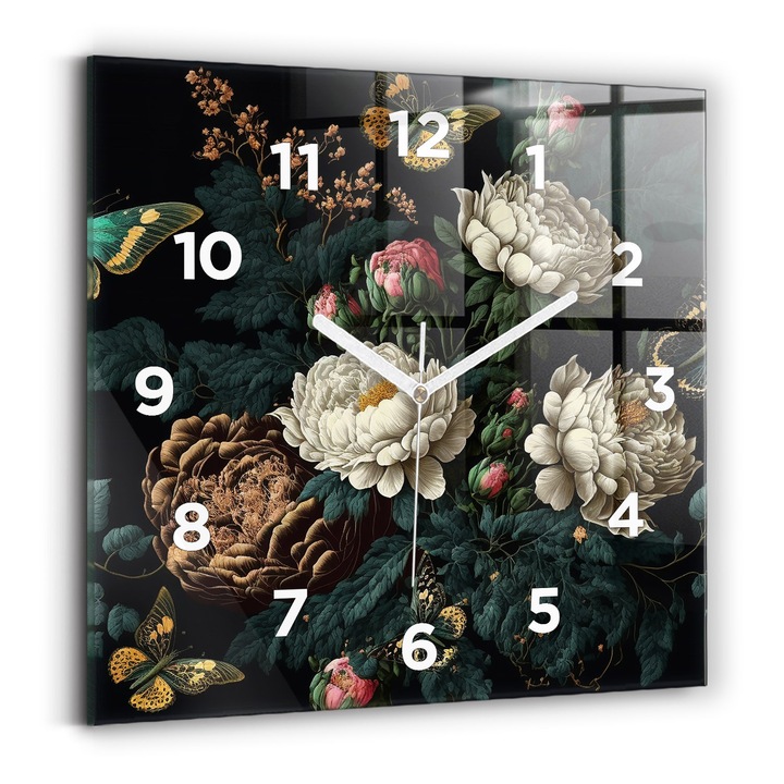Falióra, Wallfluent, üveg, Fehér mutatók, számok, Virág és arany pillangók, Többszínű, Négyzetek 30x30 cm, 010010500010100273275