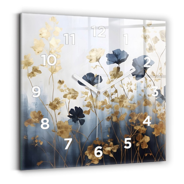 Falióra, Wallfluent, üveg, Fehér mutatók, számok, Absztrakt virágok, Fehér, Négyzetek 30x30 cm, 010010500010100273427