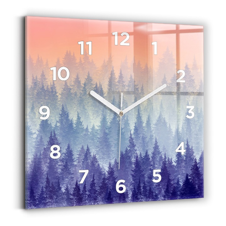 Falióra, Wallfluent, üveg, Fehér mutatók, számok, Erdő a ködben, Narancs, Négyzetek 30x30 cm, 010010500010100273450