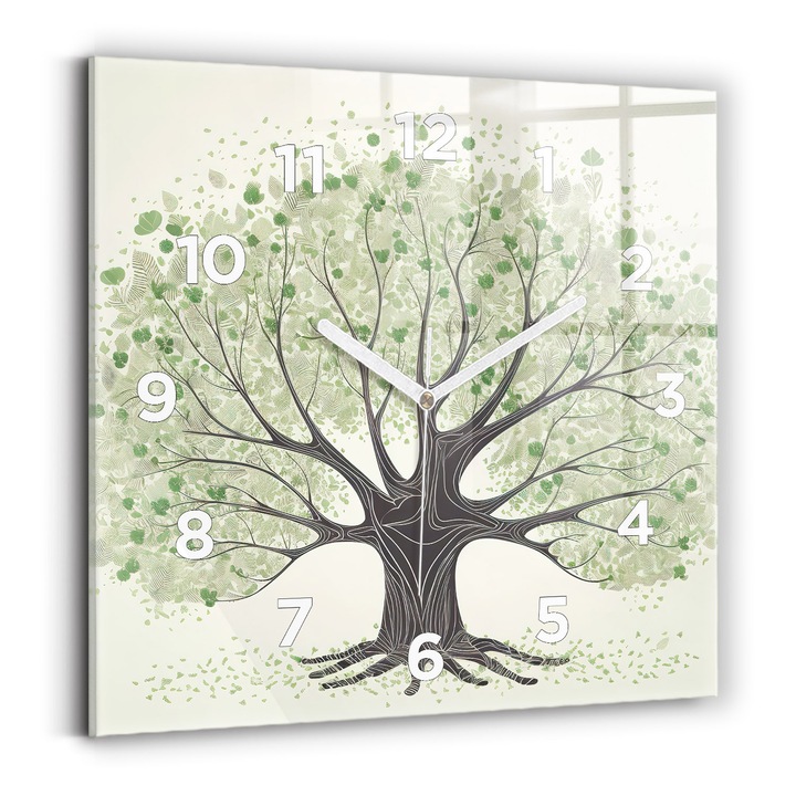 Falióra, Wallfluent, üveg, Fehér mutatók, számok, Nagy fa természet, Zöld, Négyzetek 30x30 cm, 010010500010100273324