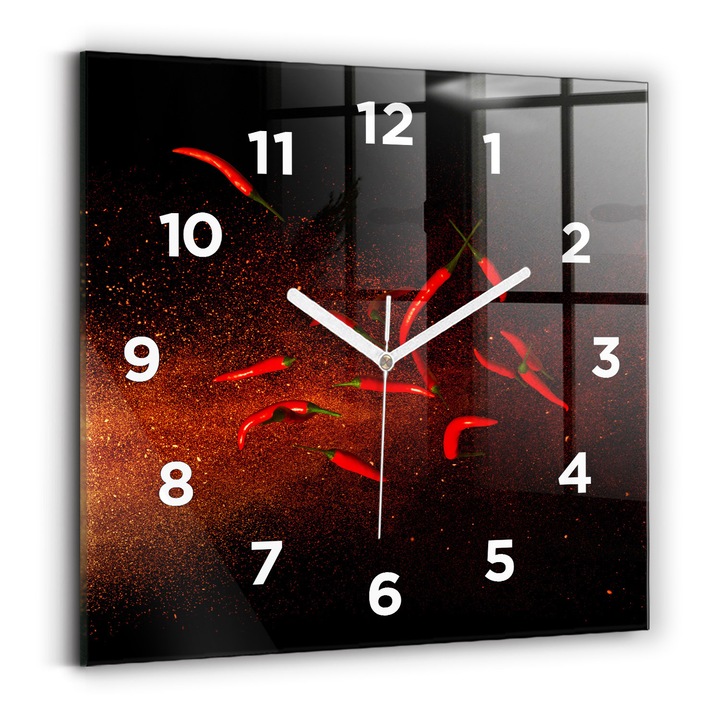 Falióra, Wallfluent, üveg, Fehér mutatók, számok, Csípős paprika, Piros, Négyzetek 30x30 cm, 010010500010100272072