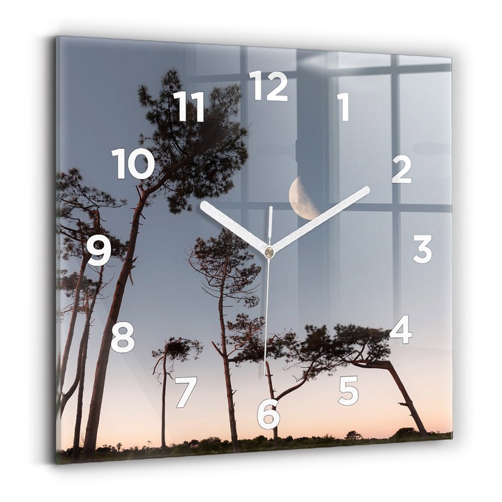 Falióra, Wallfluent, üveg, Fehér mutatók, számok, Félhold és fák, Rózsaszín, Négyzetek 30x30 cm, 010010500010100273649