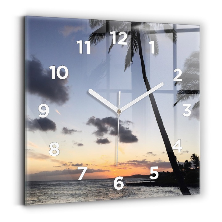 Falióra, Wallfluent, üveg, Fehér mutatók, számok, Tenyér és napkelte, Fekete, Négyzetek 30x30 cm, 010010500010100273751
