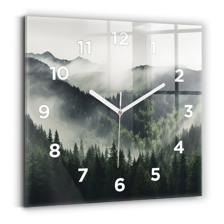 Falióra, Wallfluent, üveg, Fehér mutatók, számok, Erdei táj, Többszínű, Négyzetek 30x30 cm, 010010500010100273355
