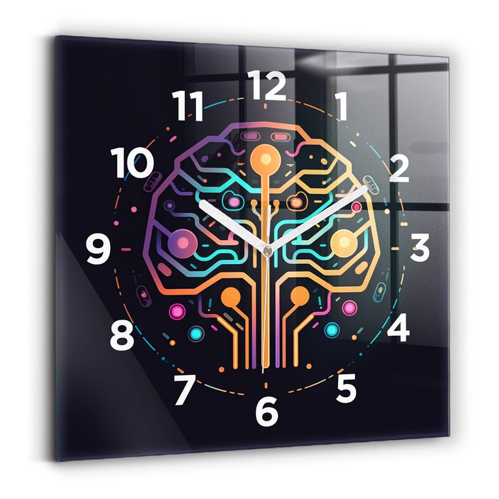 Falióra, Wallfluent, üveg, Fehér mutatók, számok, Színes absztrakció, Többszínű, Négyzetek 30x30 cm, 010010500010100272036