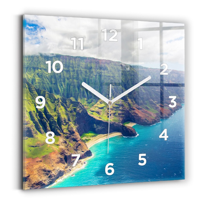 Falióra, Wallfluent, üveg, fehér mutatók, számok, Hawaii-tenger, kék, négyzetek 30x30 cm, 010010500010100273697