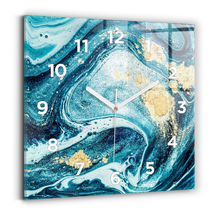 Falióra, Wallfluent, üveg, Fehér mutatók, számok, Absztrakt márvány, Türkiz, Négyzetek 30x30 cm, 010010500010100272084
