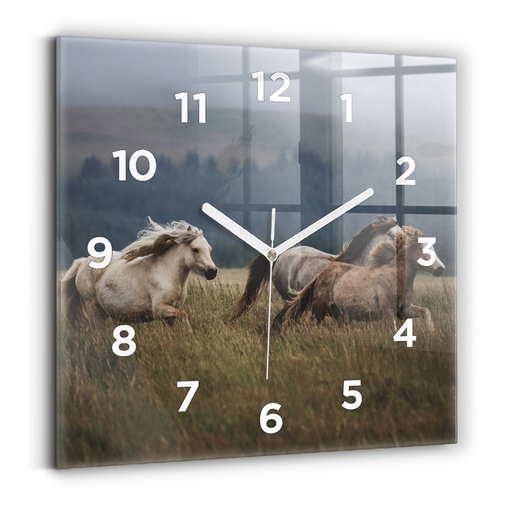 Falióra, Wallfluent, üveg, Fehér mutatók, számok, Lovak a Vágtában, Fehér, Négyzetek 30x30 cm, 010010500010100273638