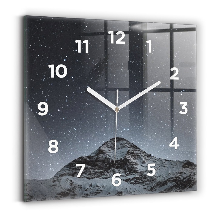 Falióra, Wallfluent, üveg, Fehér mutatók, számok, Hegy a csillagok alatt, Fehér, Négyzetek 30x30 cm, 010010500010100273761