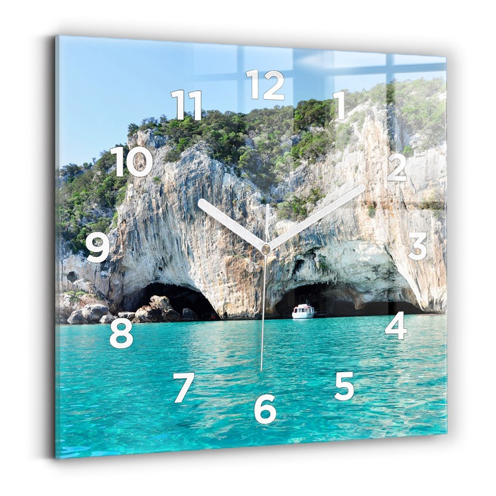 Falióra, Wallfluent, üveg, Fehér mutatók, számok, Víz alatti barlang, Kék, Négyzetek 30x30 cm, 010010500010100273758