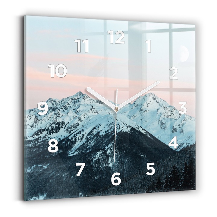 Falióra, Wallfluent, üveg, Fehér mutatók, számok, Téli hegység, Kék, Négyzetek 30x30 cm, 010010500010100273654