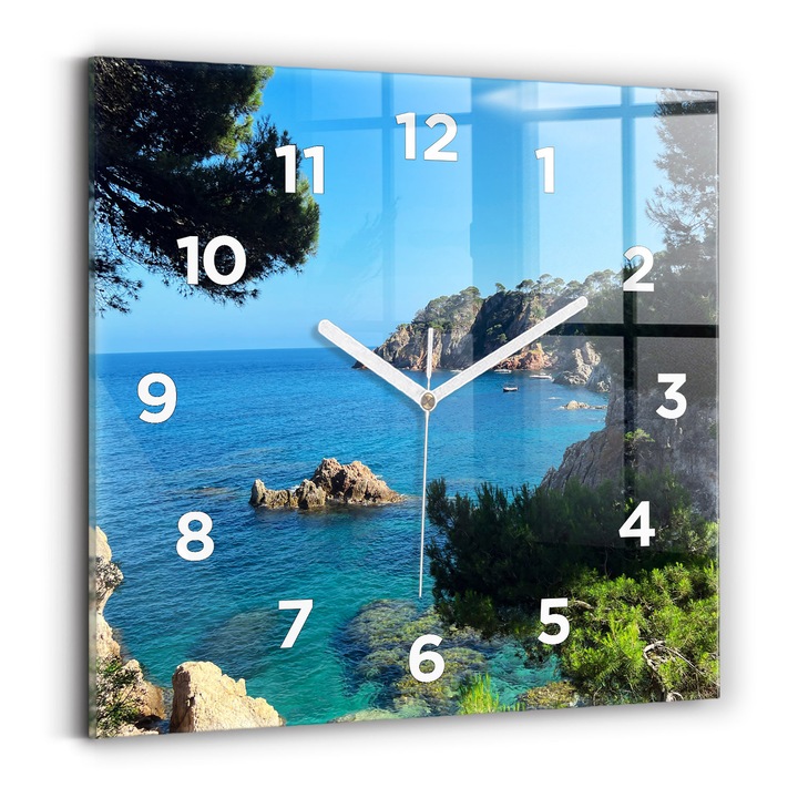 Falióra, Wallfluent, üveg, fehér mutatók, számok, Costa Brava Coast, kék, négyzetek 30x30 cm, 010010500010100273651