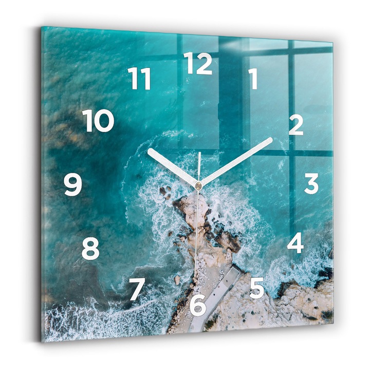Falióra, Wallfluent, üveg, Fehér mutatók, számok, Fjordok Costa Blancában, Kék, Négyzetek 30x30 cm, 010010500010100273663