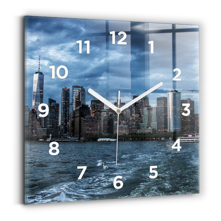 Falióra, Wallfluent, üveg, Fehér mutatók, számok, Panorama New York, Kék, Négyzetek 30x30 cm, 010010500010100273691