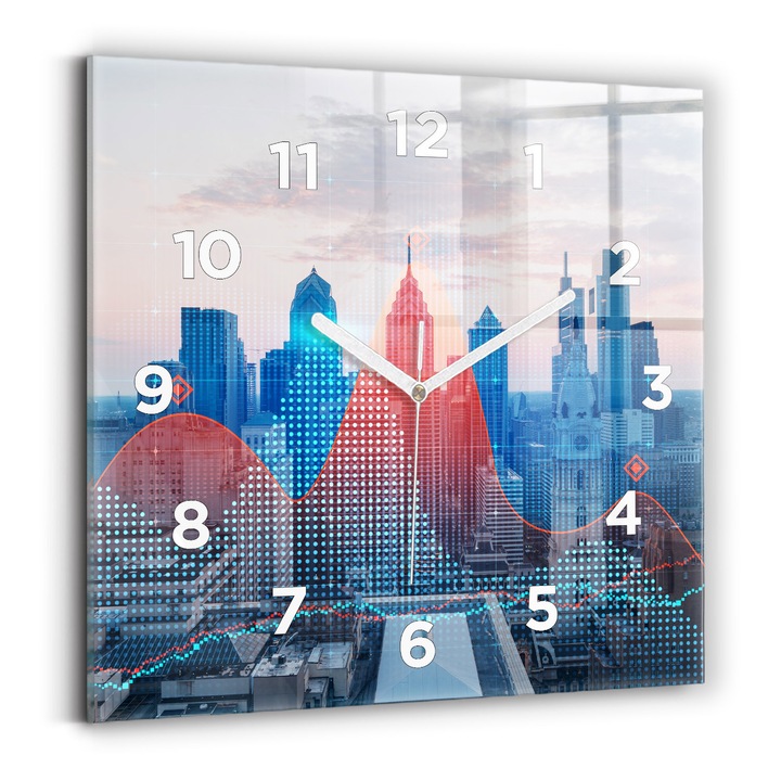 Falióra, Wallfluent, üveg, Fehér mutatók, számok, Felhőkarcoló Philadelphiában, Kék, Négyzetek 30x30 cm, 010010500010100273302