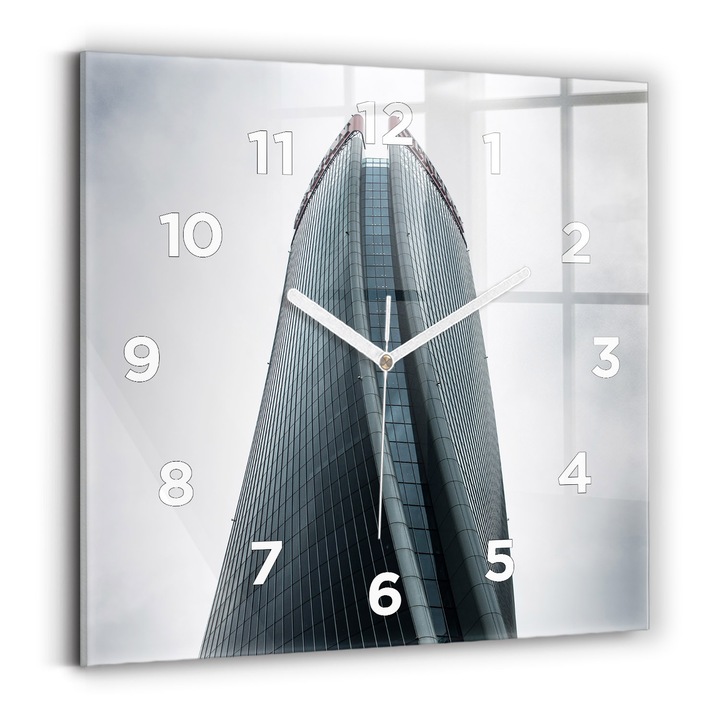 Falióra, Wallfluent, üveg, Fehér mutatók, számok, Felhőkarcoló Milánóban, Fekete, Négyzetek 30x30 cm, 010010500010100273694