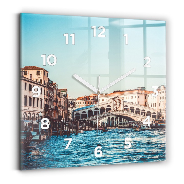 Falióra, Wallfluent, üveg, Fehér mutatók, számok, Rialto híd Velencében, Kék, Négyzetek 30x30 cm, 010010500010100273764