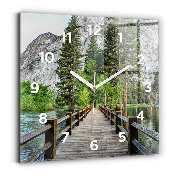 Falióra, Wallfluent, üveg, fehér mutatók, számok, fa Yosemite híd, zöld, négyzetek 30x30 cm, 010010500010100273746