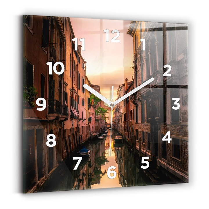 Falióra, Wallfluent, üveg, Fehér mutatók, számok, Városi csatorna kilátás, Rózsaszín, Négyzetek 30x30 cm, 010010500010100273701