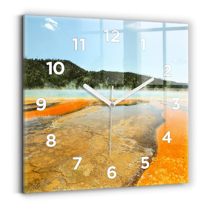 Falióra, Wallfluent, üveg, Fehér mutatók, számok, Tó hegyekkel, Sárga, Négyzetek 30x30 cm, 010010500010100273686