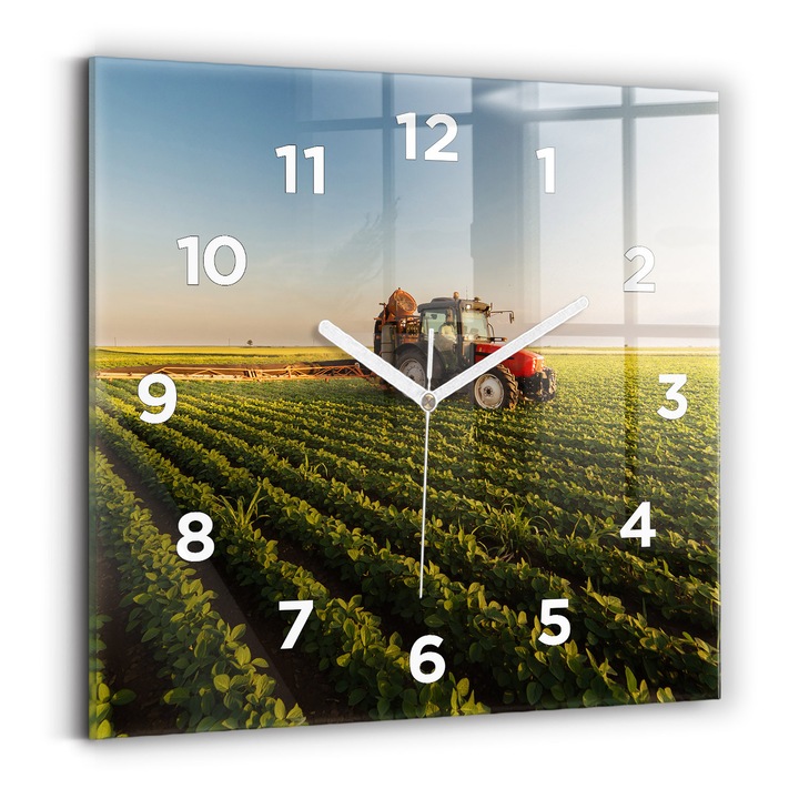 Falióra, Wallfluent, üveg, Fehér mutatók, számok, Traktor mezőgazdasági területen, Piros, Négyzetek 30x30 cm, 010010500010100273102