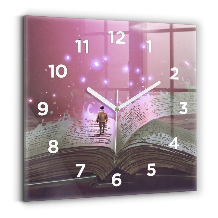 Falióra, Wallfluent, üveg, Fehér mutatók, számok, Könyv absztrakt, Fekete, Négyzetek 30x30 cm, 010010500010100272062